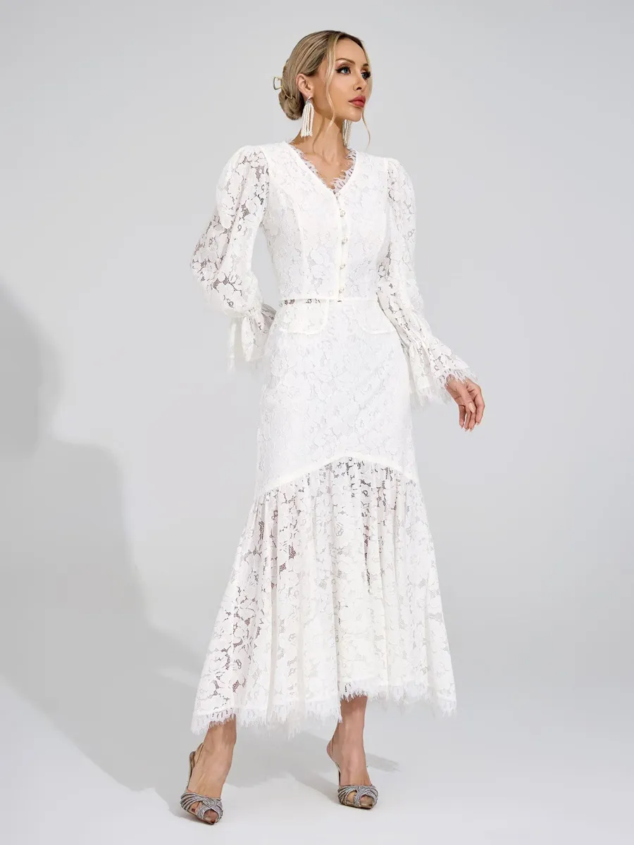 Clementine White Lace Maxi Skirt Set
