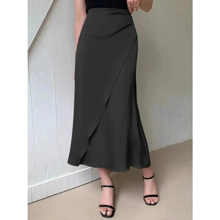 Asymmetric Wrap Midi Skirt with Fluted Hem
