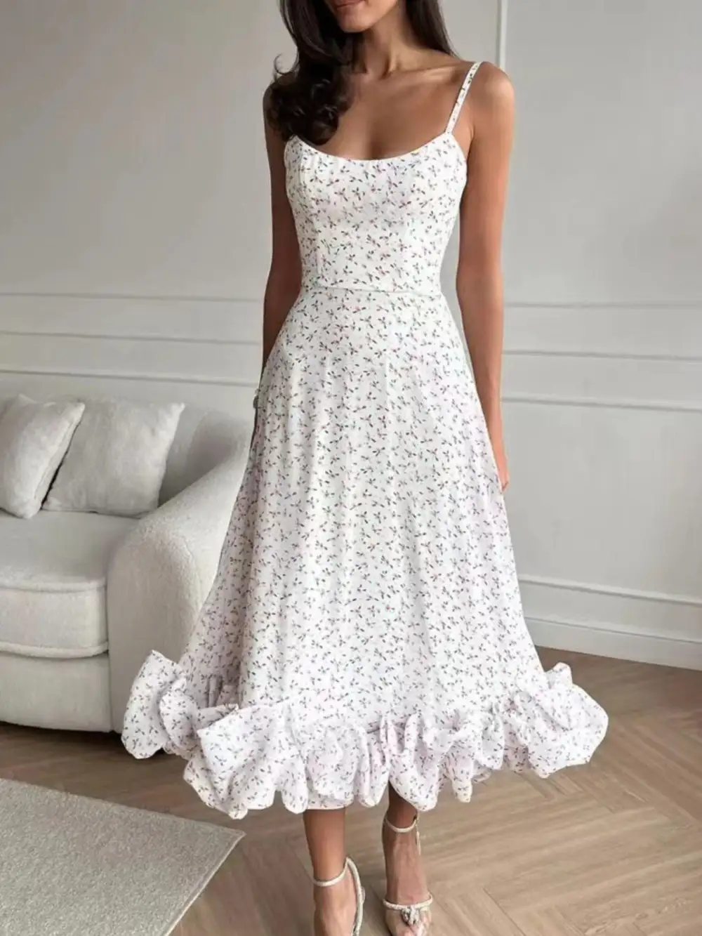 Ruffle Hem Spaghetti Strap Midi Dress
