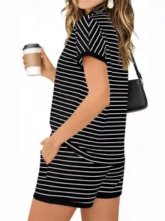 Refined Drawstring Pocketed Striped Top and Shorts Matching Set