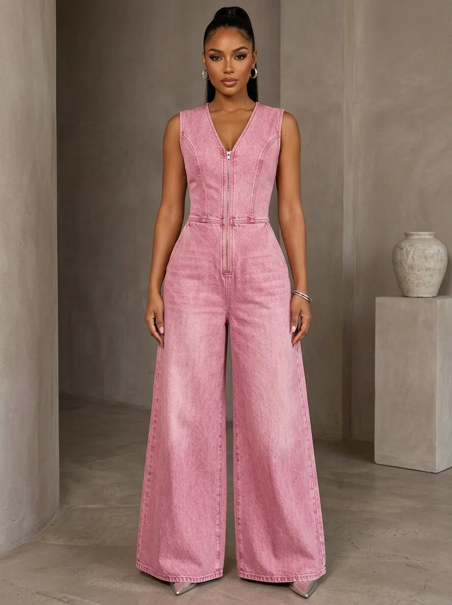 Pink Sleeveless Zip-Front Denim Jumpsuit