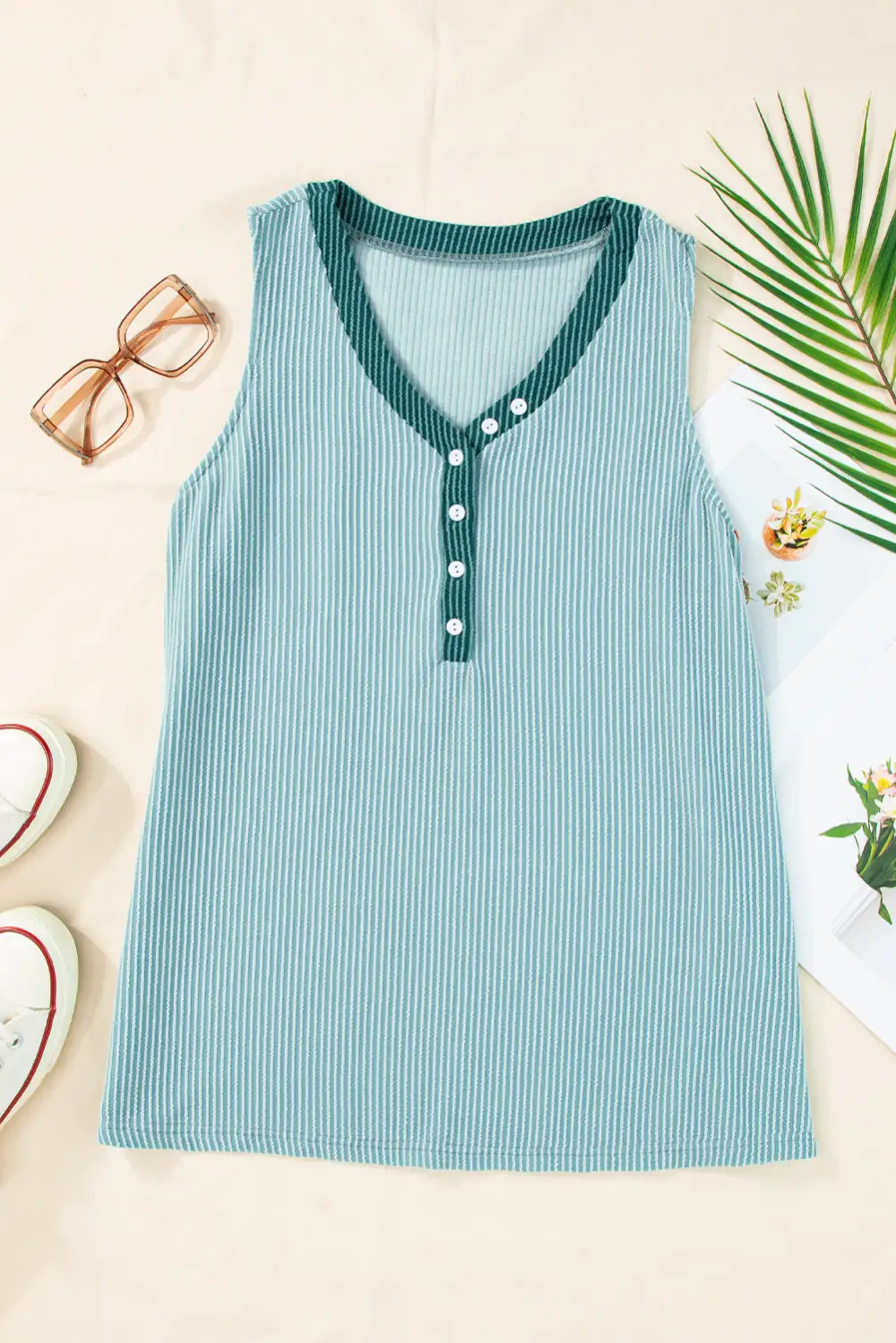 Mint Buttoned Contrast V Neck Textured Tank Top
