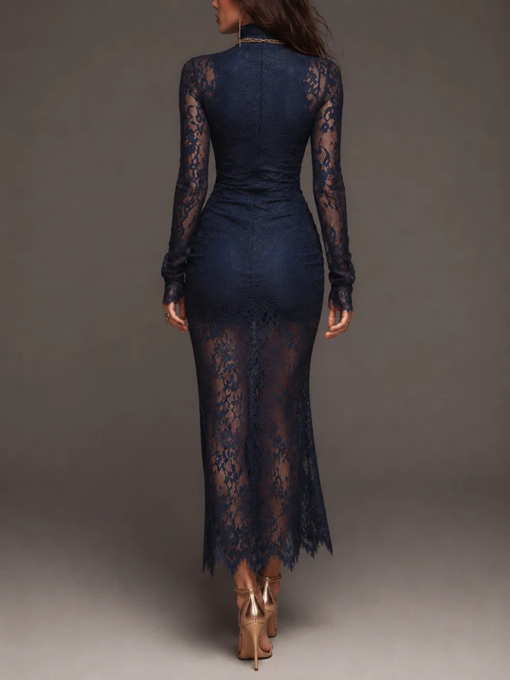 Romantic Bohemian High Neck Long Sleeve Ruched Side High Slit Scalloped Floral Lace Midi Bodycon Dress