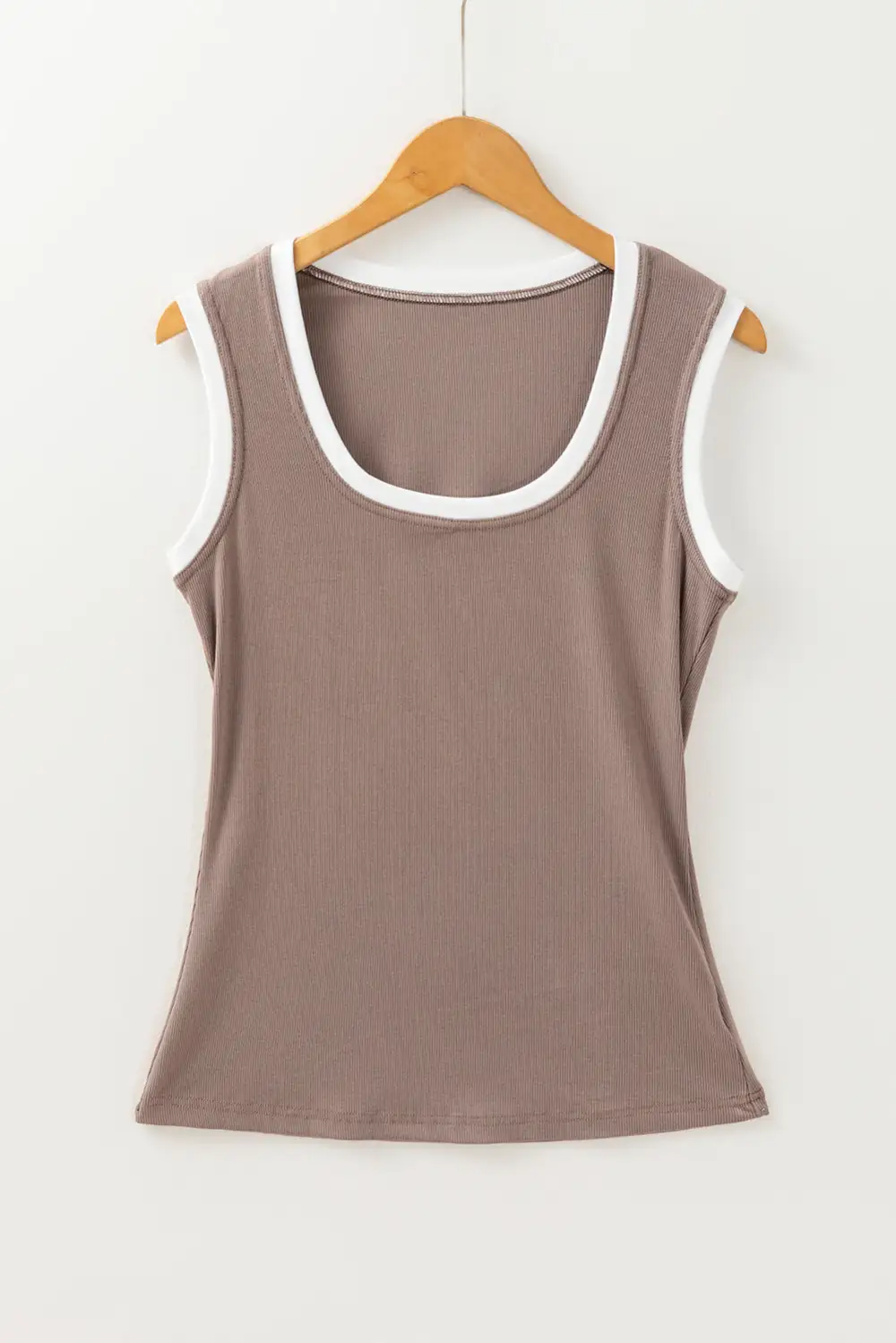 Smoke Ribbed Knit Colorblock Edge U Neck Slim Fit