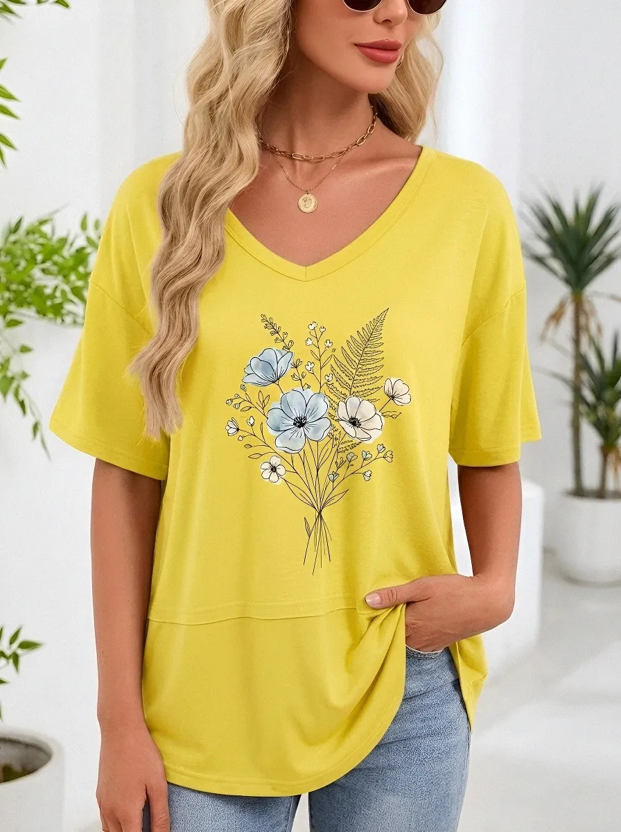 Women's Botanical Nature Bouquet Printed V-Neck T-Shirt