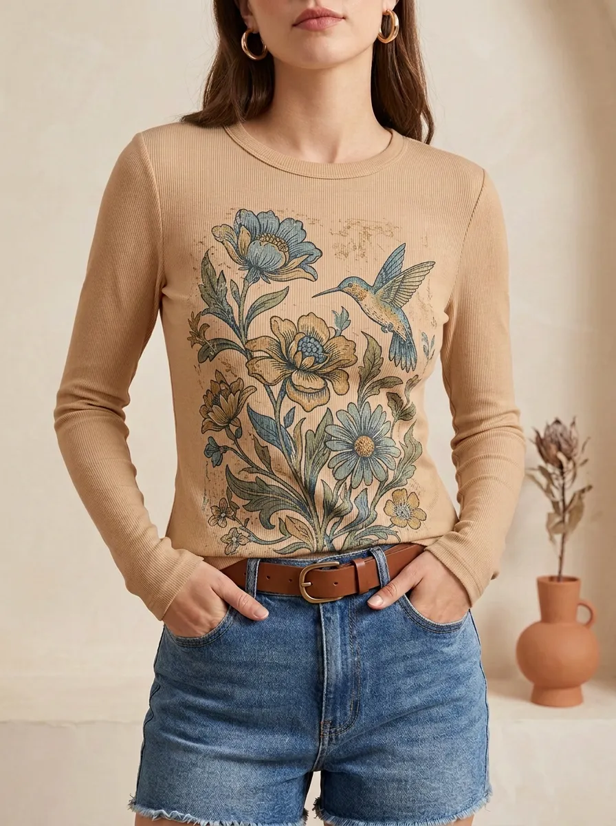Vintage Nature Lover Hummingbird Floral Long Sleeve Top