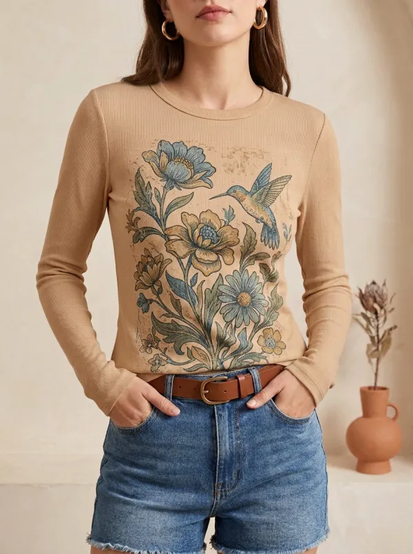 Vintage Nature Lover Hummingbird Floral Long Sleeve Top