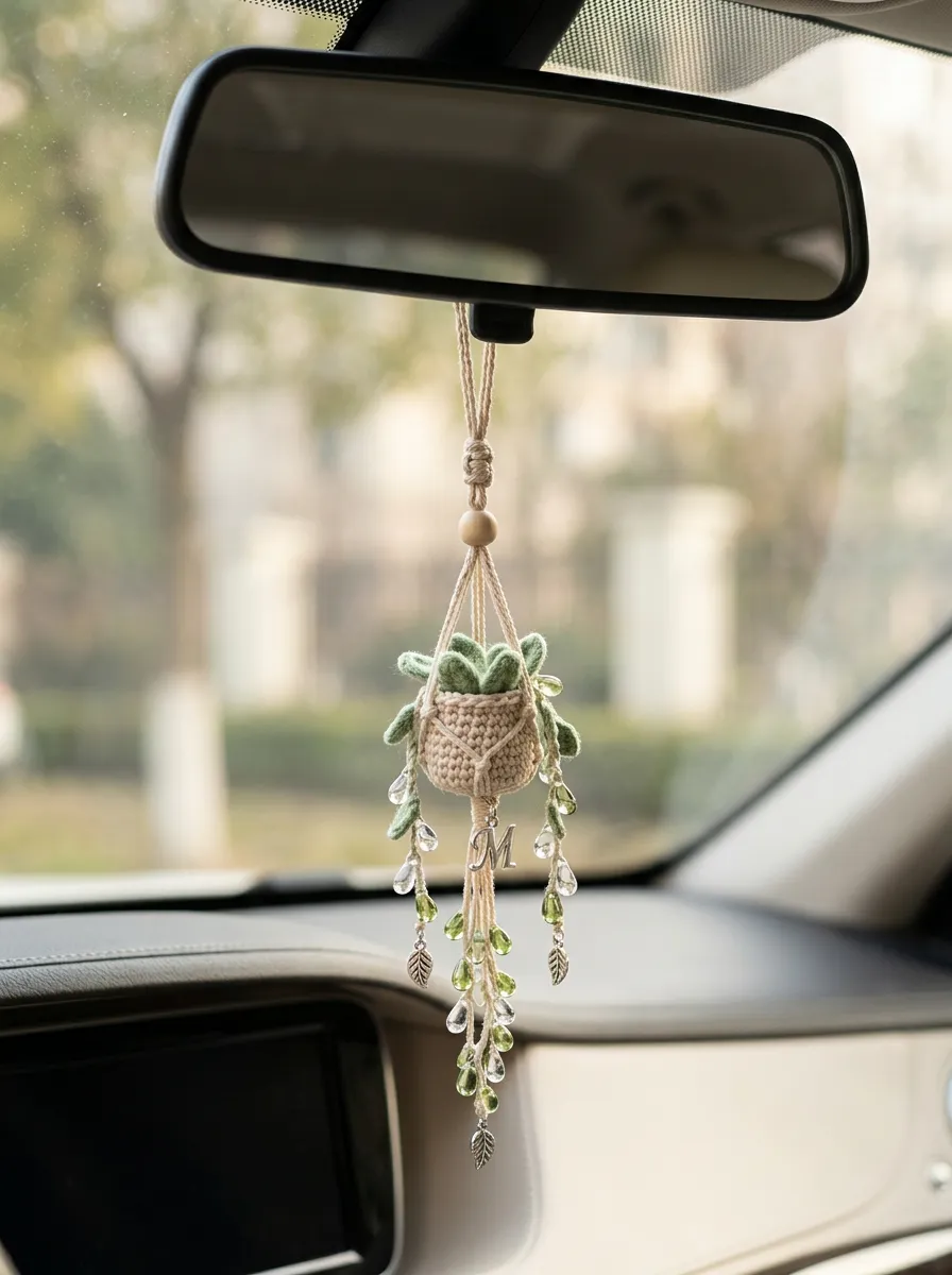 Macrame Plant Rearview Mirror Hanging Ornament