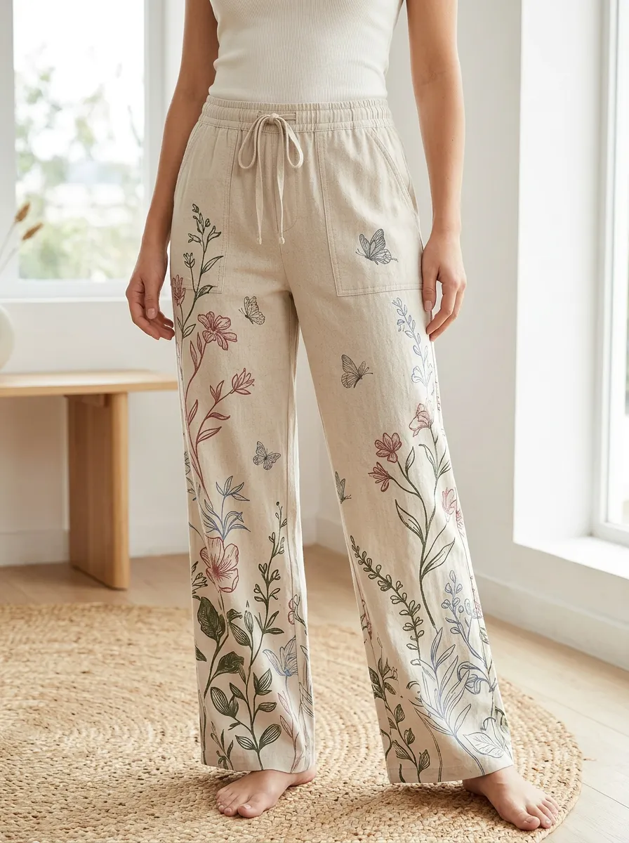 Women's Relaxed Botanical Butterfly Floral Printed Wide Leg Pants