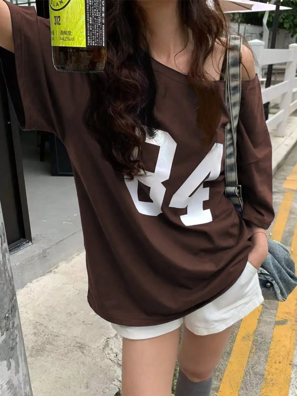 Women Brown Number 84 Off Shoulder Relaxed Fit T-Shirt