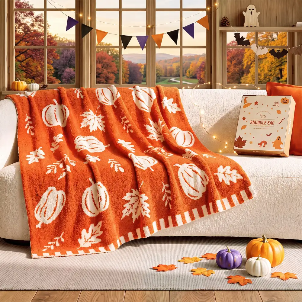 Pumpkin-Motif Leaf-Motif Reversible Blanket