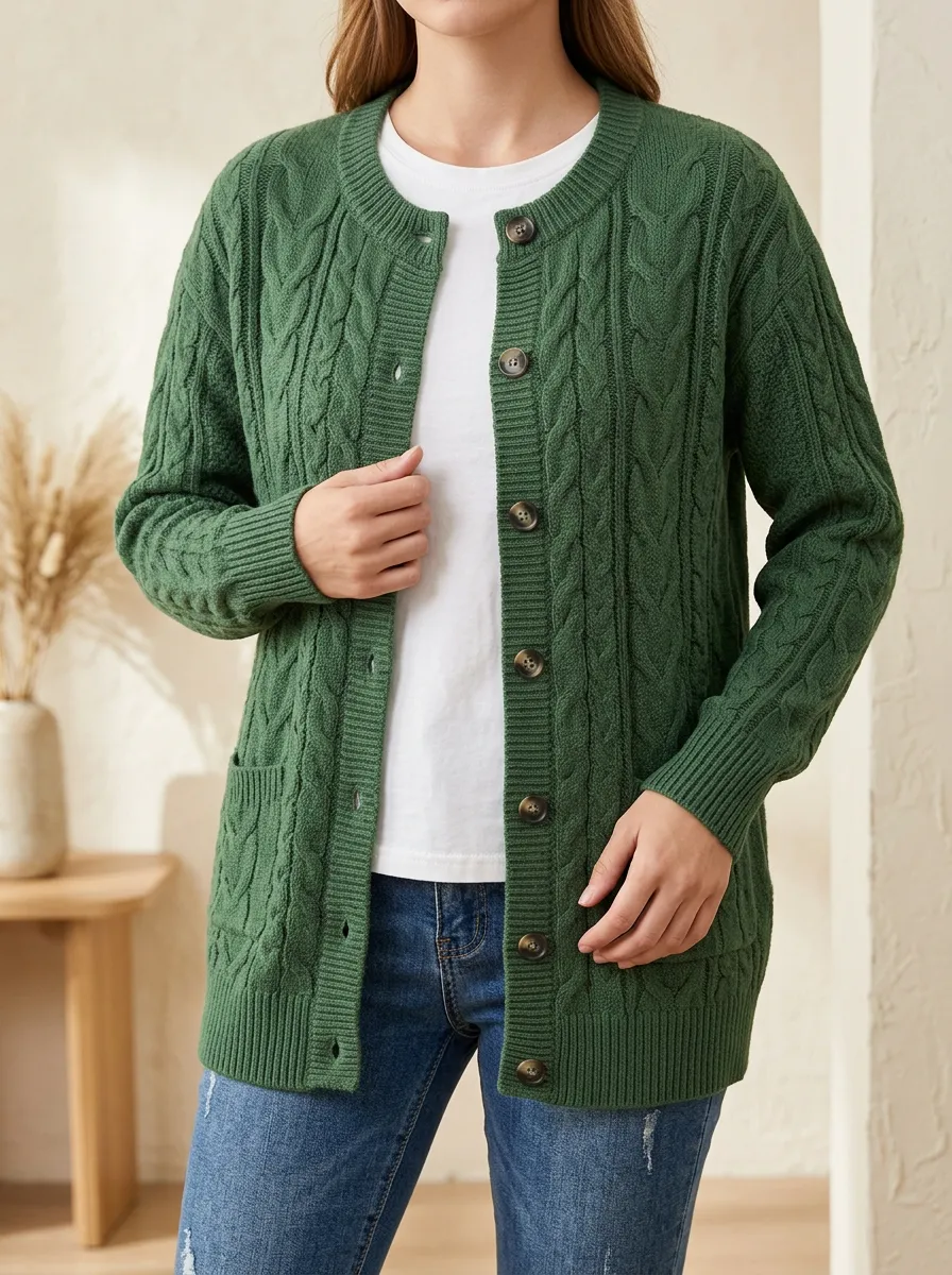 Women's Cable Knit Button Front Pocket Detail Cardigan