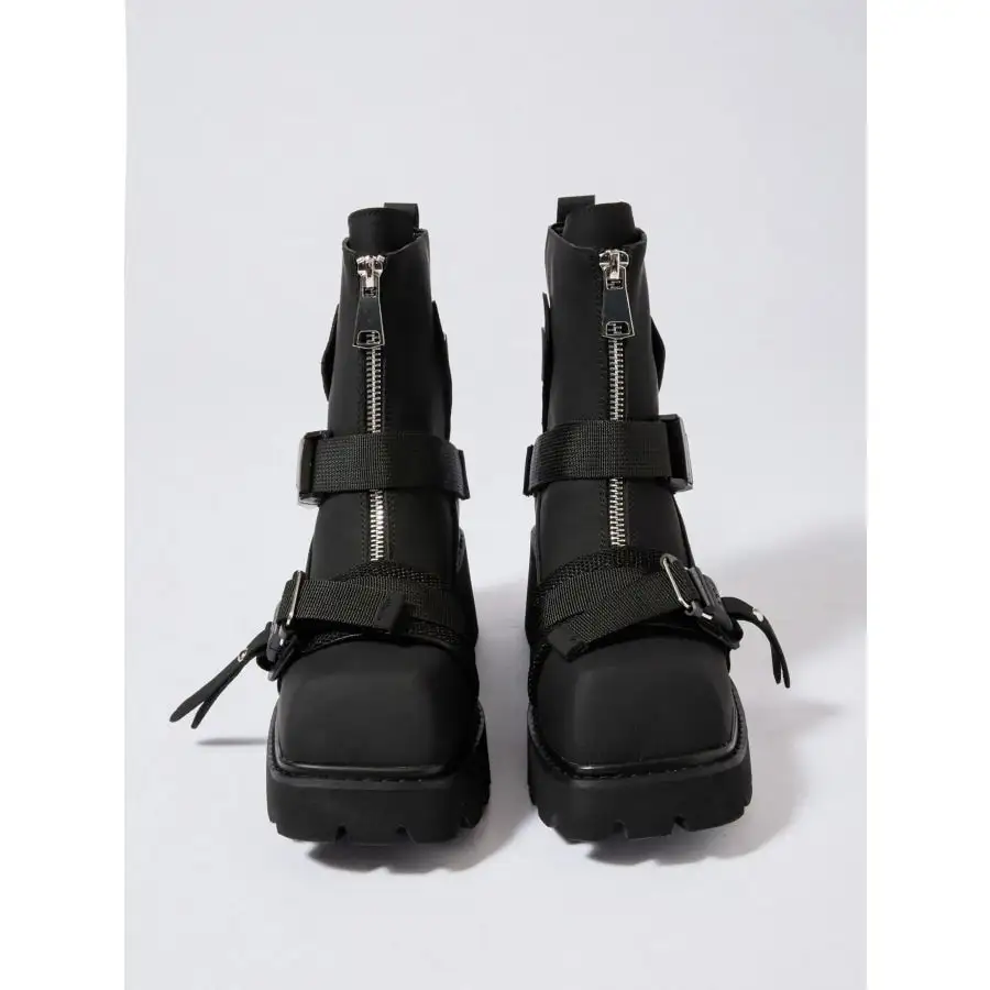 Chunky Platform Boots with Buckle Straps and Front Zip