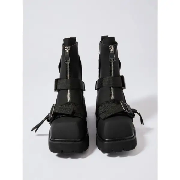 Chunky Platform Boots with Buckle Straps and Front Zip