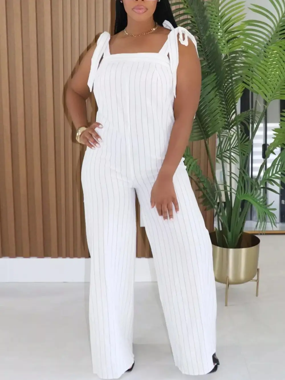 Striped Tie Shoulder Wide Leg Jumpsuit