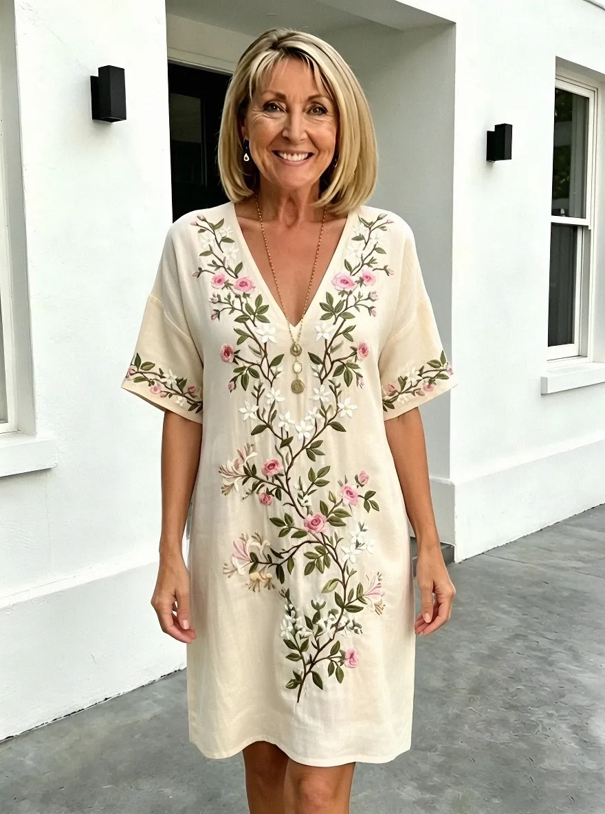 Women's Summer Vacation Poppy Floral Embroidered Printed Dress