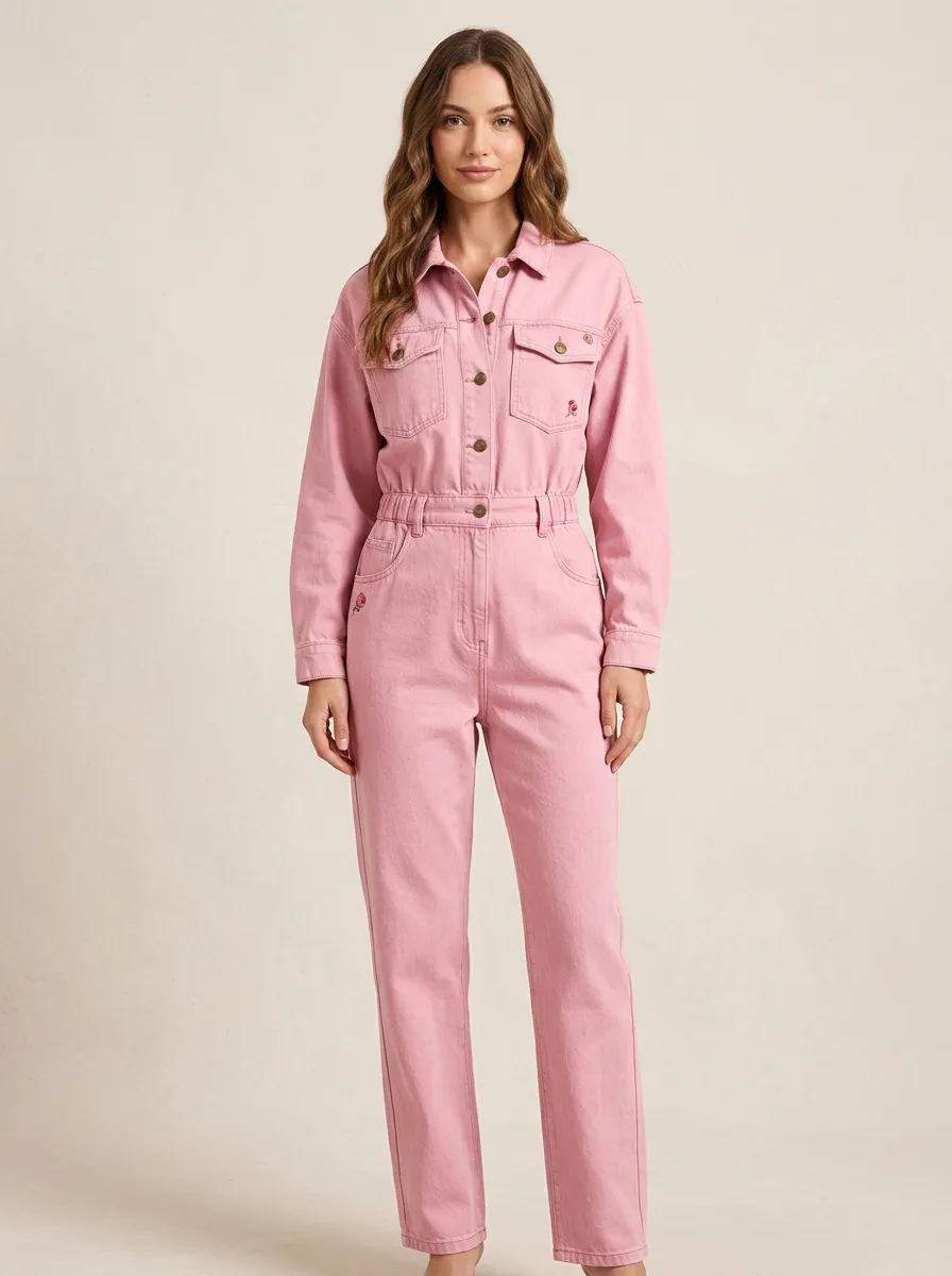 Pink Modern Rose Floral Embroidered Denim Jumpsuit