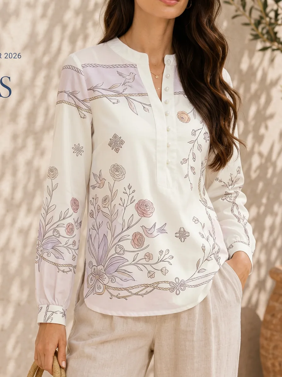 Women's Floral Bird Rope Pattern Printed Long Sleeve Blouse
