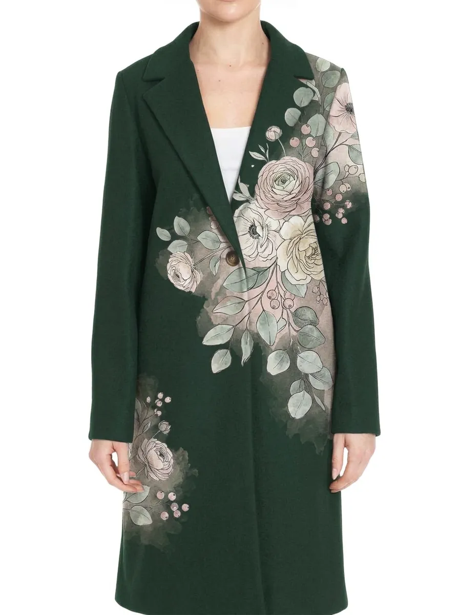 Women's Floral Botanical Watercolor Printed Wool Coat