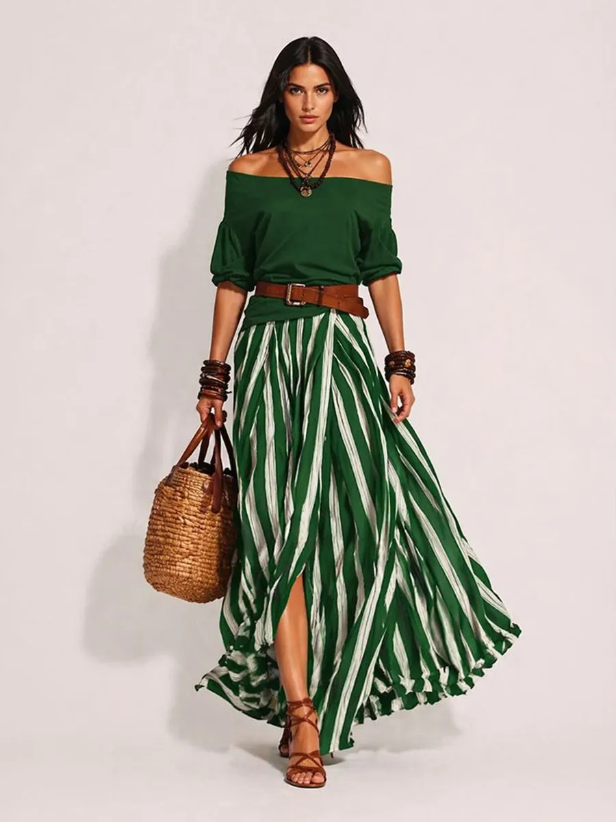 Arlette Women's Vacation-Style Off-Shoulder Top and Slit Skirt Set