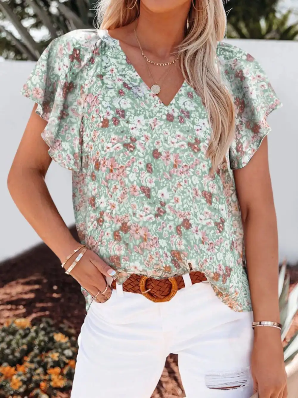 Floral Print Flutter Sleeve V Neck Blouse