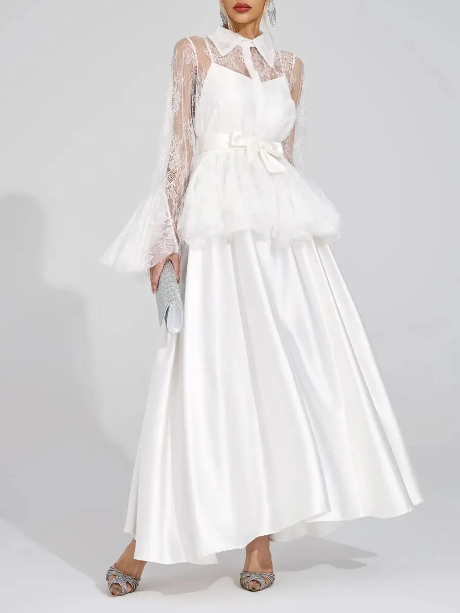 Aurora Lace Peplum Collared Satin Maxi Dress Set