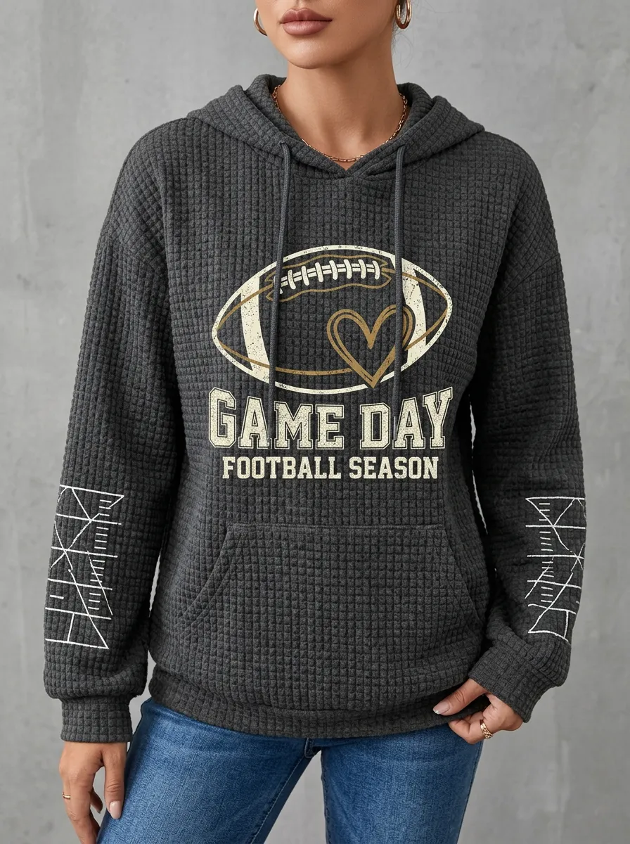 Women's Casual Football Lover Game Day Heart Printed Waffle Hoodie