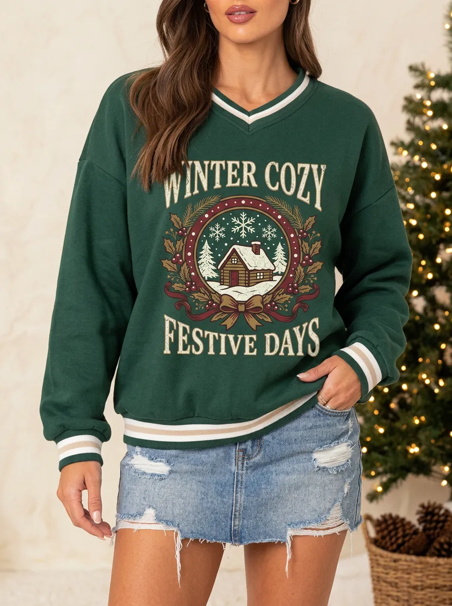 Christmas Winter Cozy Cabin Print Sweatshirt