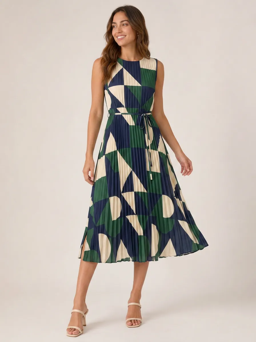 Women's Geometric Pattern Pleated Printed Midi Dress