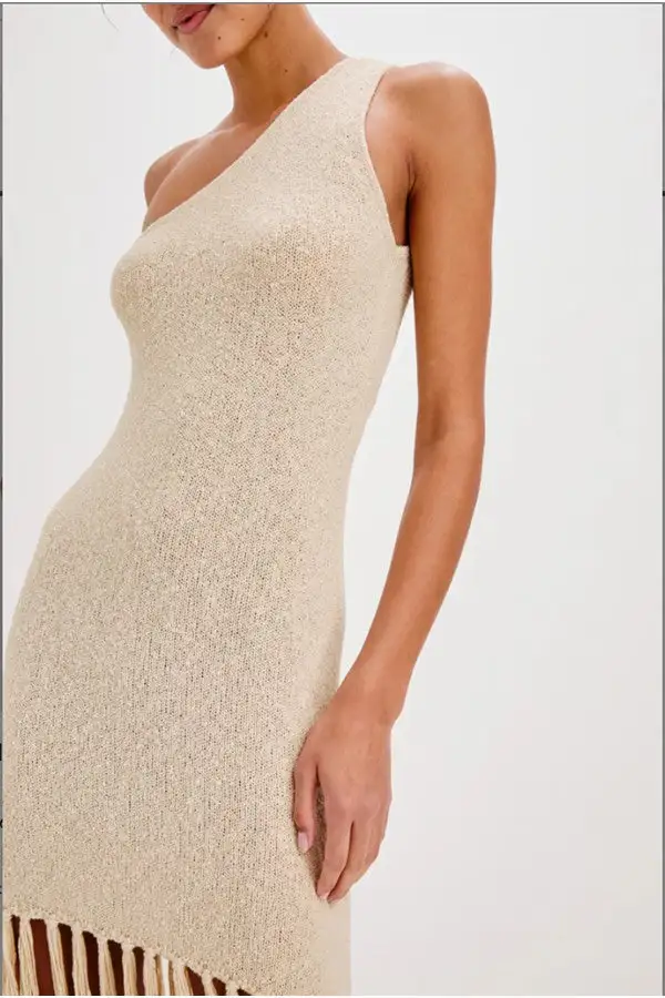 Beige Knit Fringe Hem One Shoulder Dress