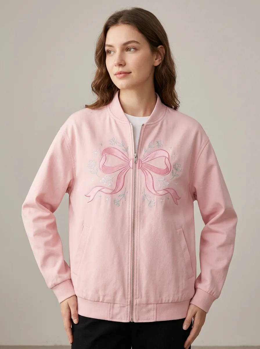 Unisex Pink Bow Ribbon Floral Embroidered Zip-Up Jacket
