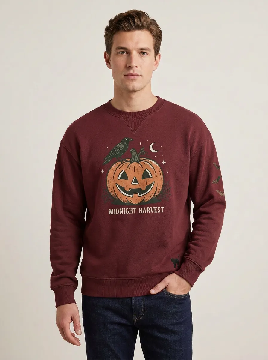 Men's Halloween Midnight Harvest Pumpkin Raven Sweatshirt