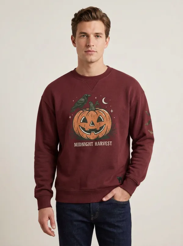 Men's Halloween Midnight Harvest Pumpkin Raven Sweatshirt