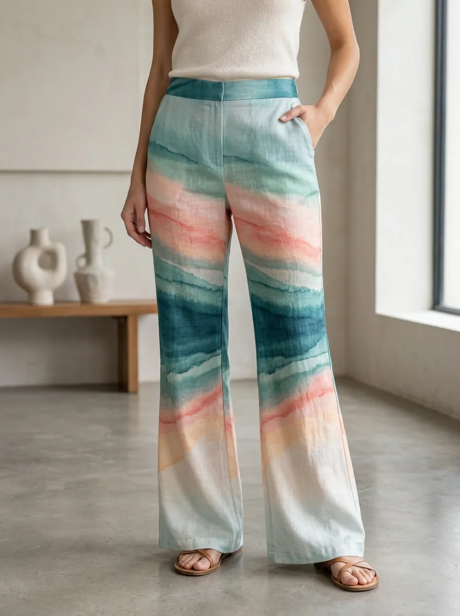 Women's Watercolor Gradient Striped Printed Wide Leg Pants