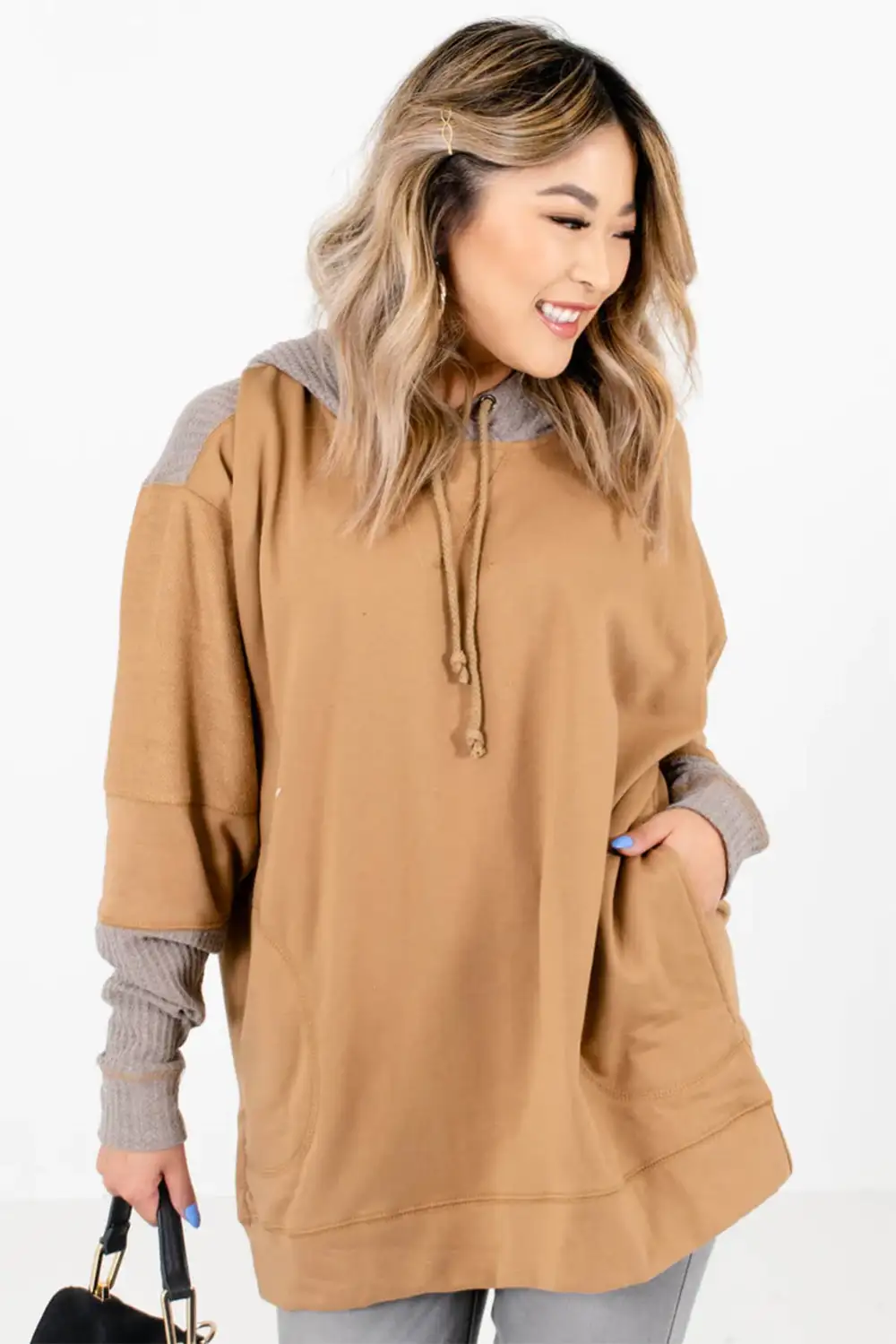 Contrast Hood Patchwork Pocketed Relaxed Sweatshirt