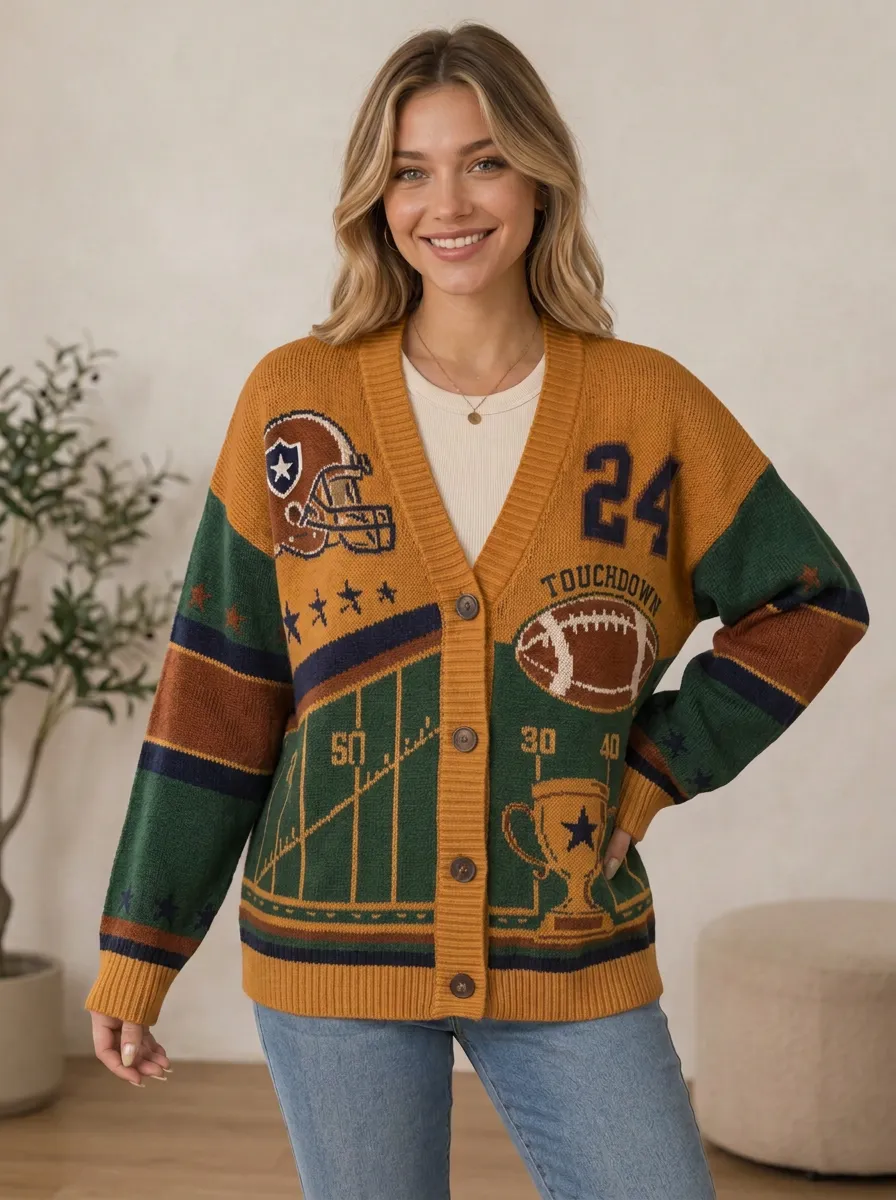 Women's Classic Traditional Gridiron Helmet Trophy Ball Knit Cardigan