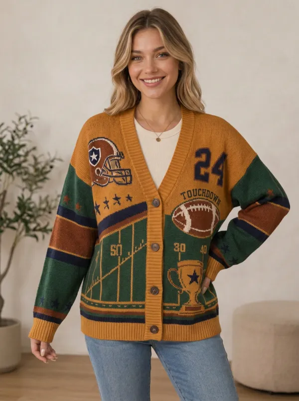 Women's Classic Traditional Gridiron Helmet Trophy Ball Knit Cardigan