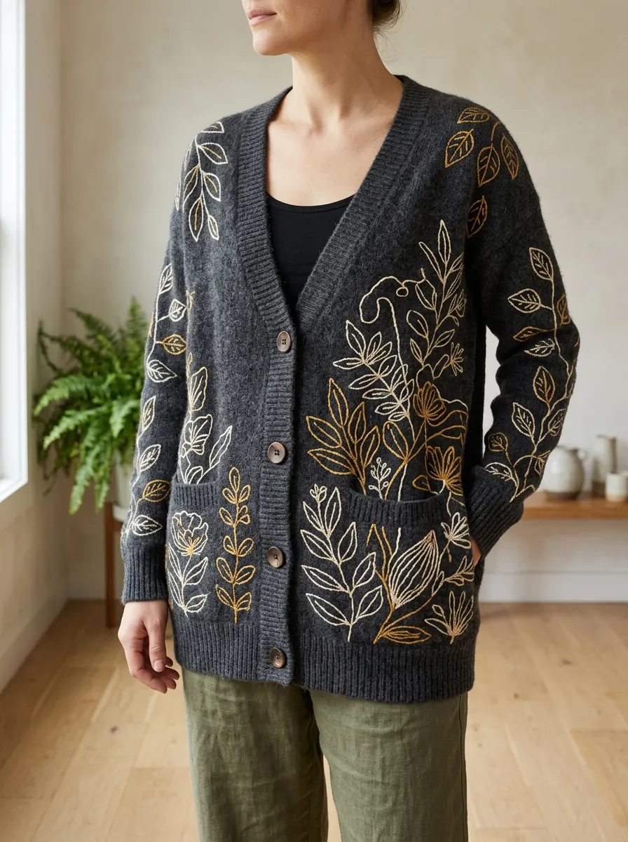 Women's Botanical Nature Lover Floral Line Art Printed V-Neck Relaxed Layering Cardigan