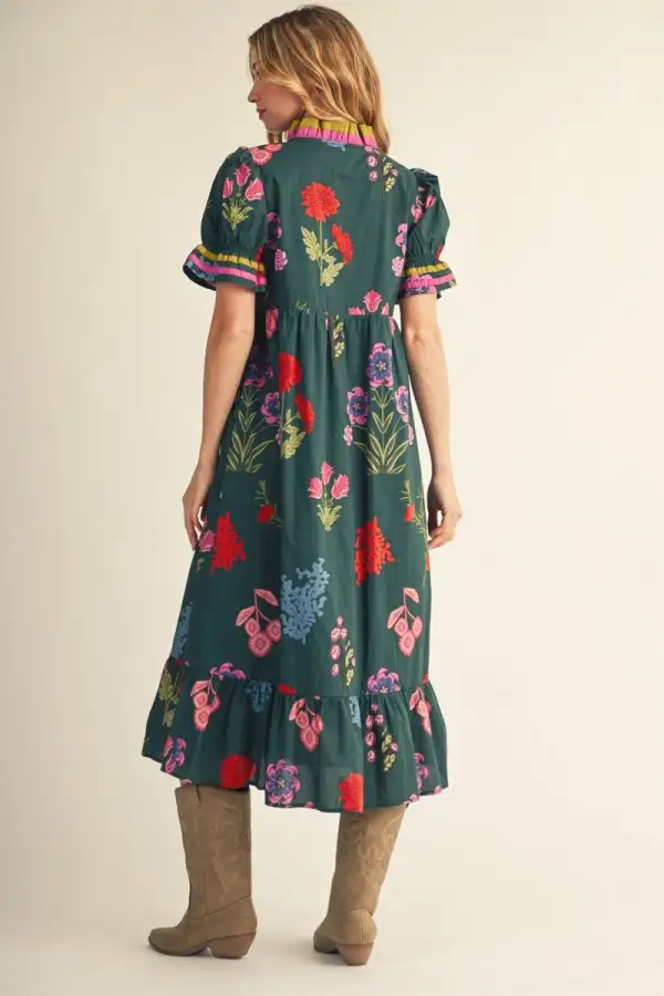 Floral Ruffle Detail Short Sleeve V-Neck Dress
