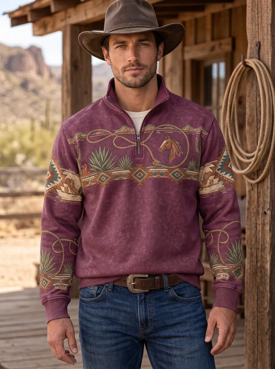 Men's Western Cowboy Horse Cactus Quarter-Zip Sweatshirt