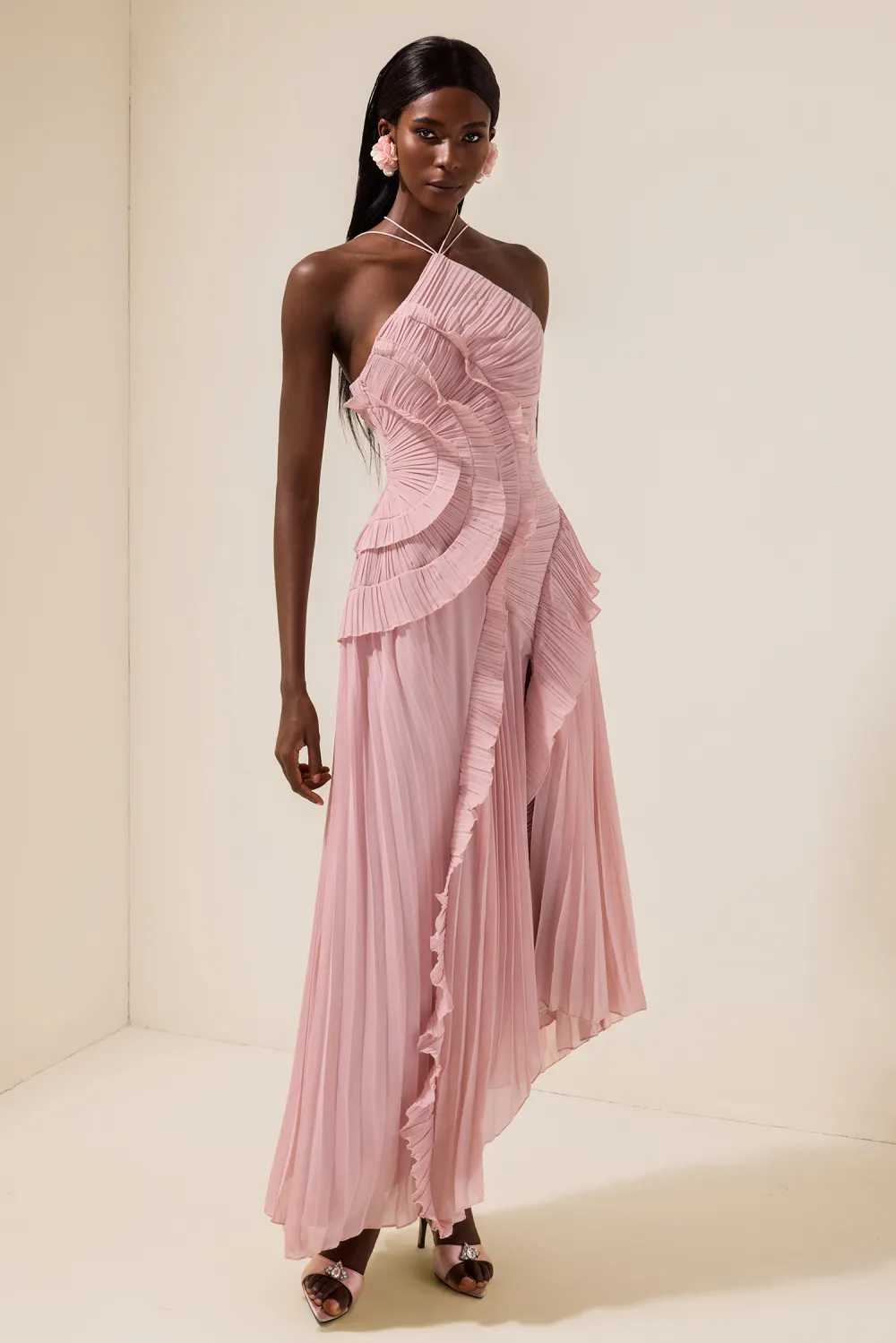 Pleated Frill Halter Neck Midi Dress