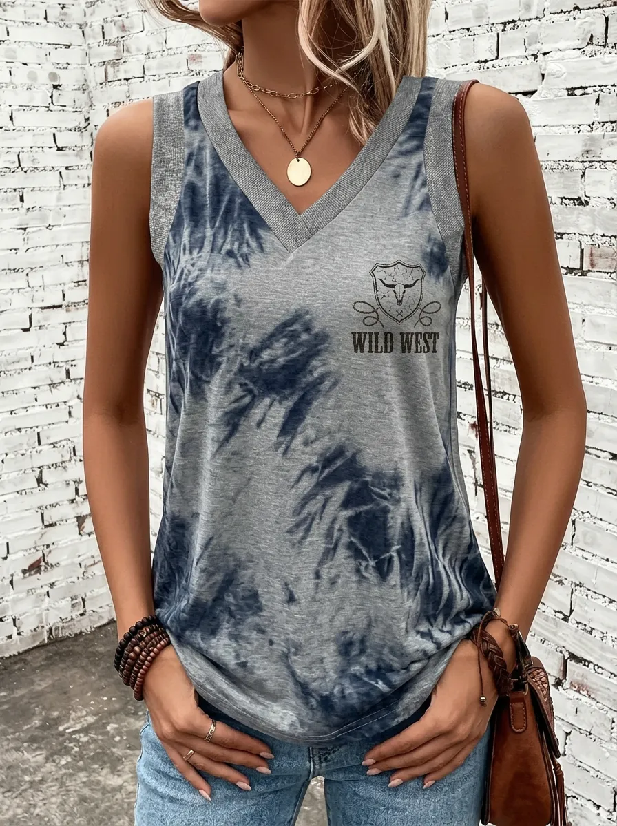 Women's Wild West Cow Skull Tie-Dye Printed Tank Top