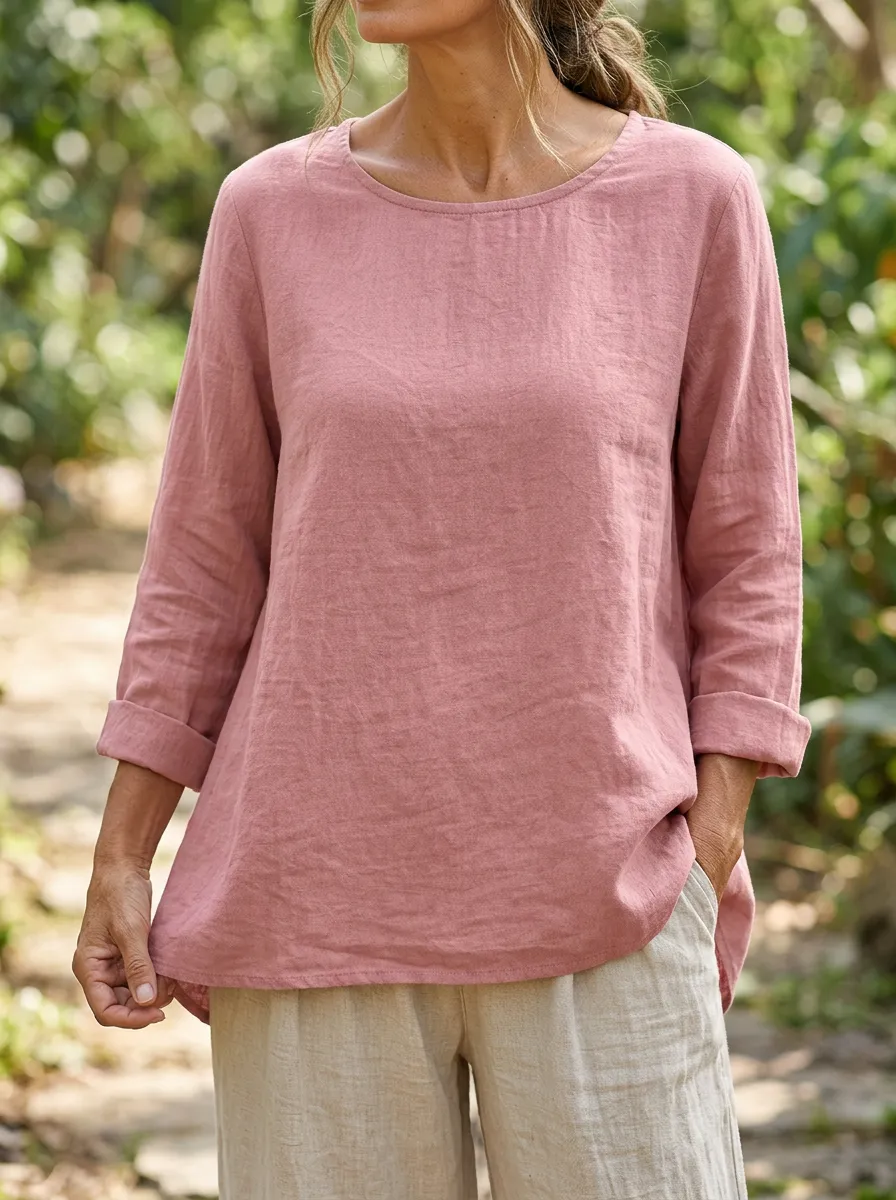 Women's Casual Dusty Pink Solid Color Linen Blend Long Sleeve Top