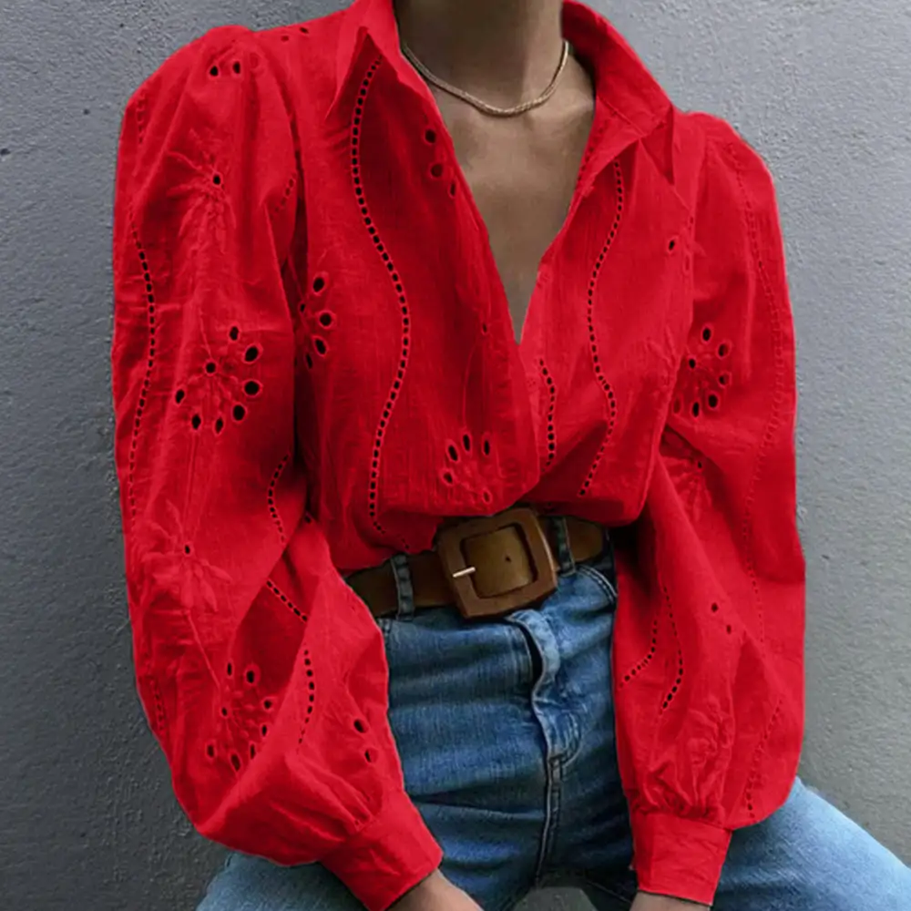 Fashionable Openwork Puff Sleeve Cardigan Shirt