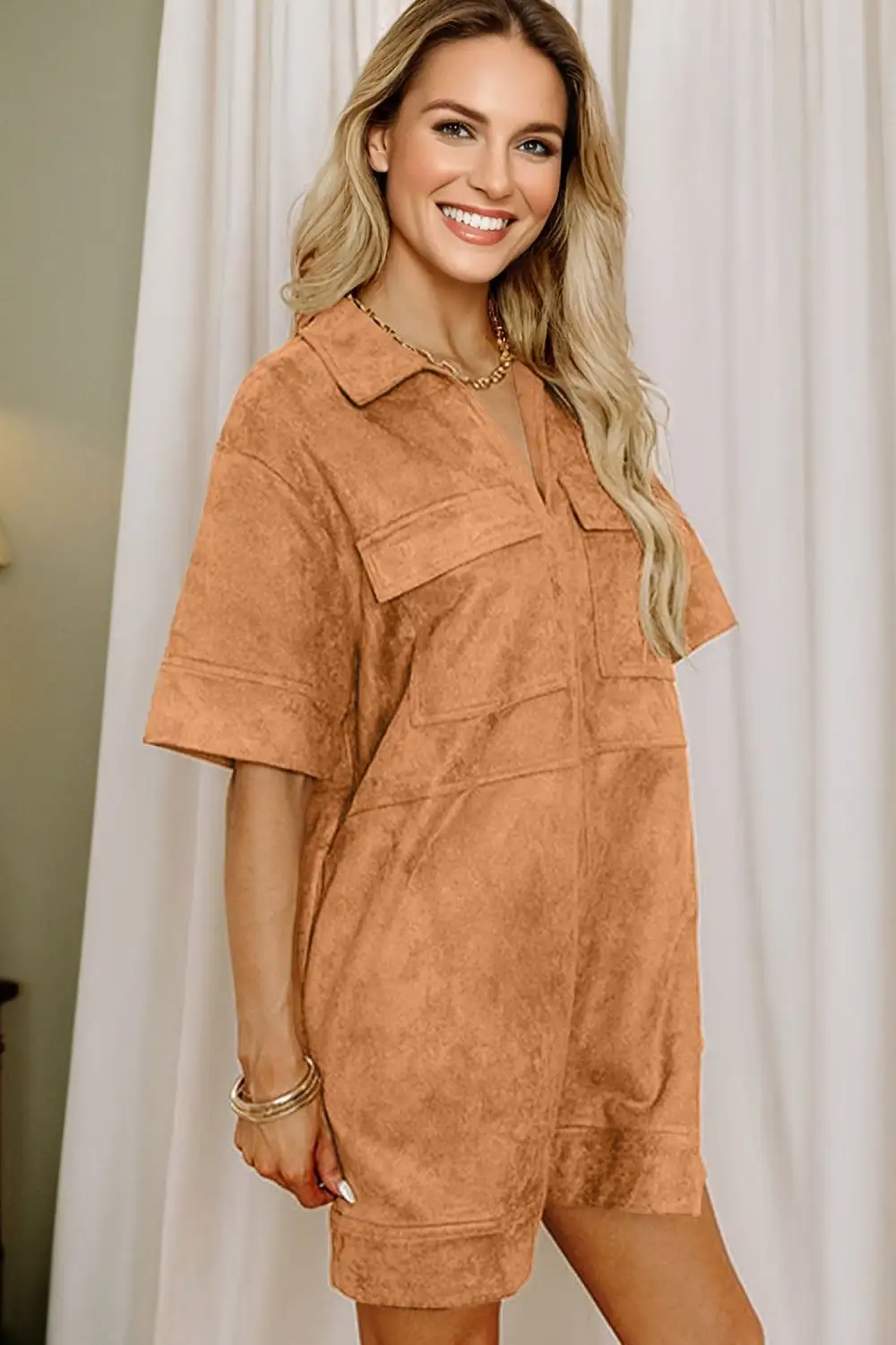 V Neck Short Sleeve Collared Mini Dress