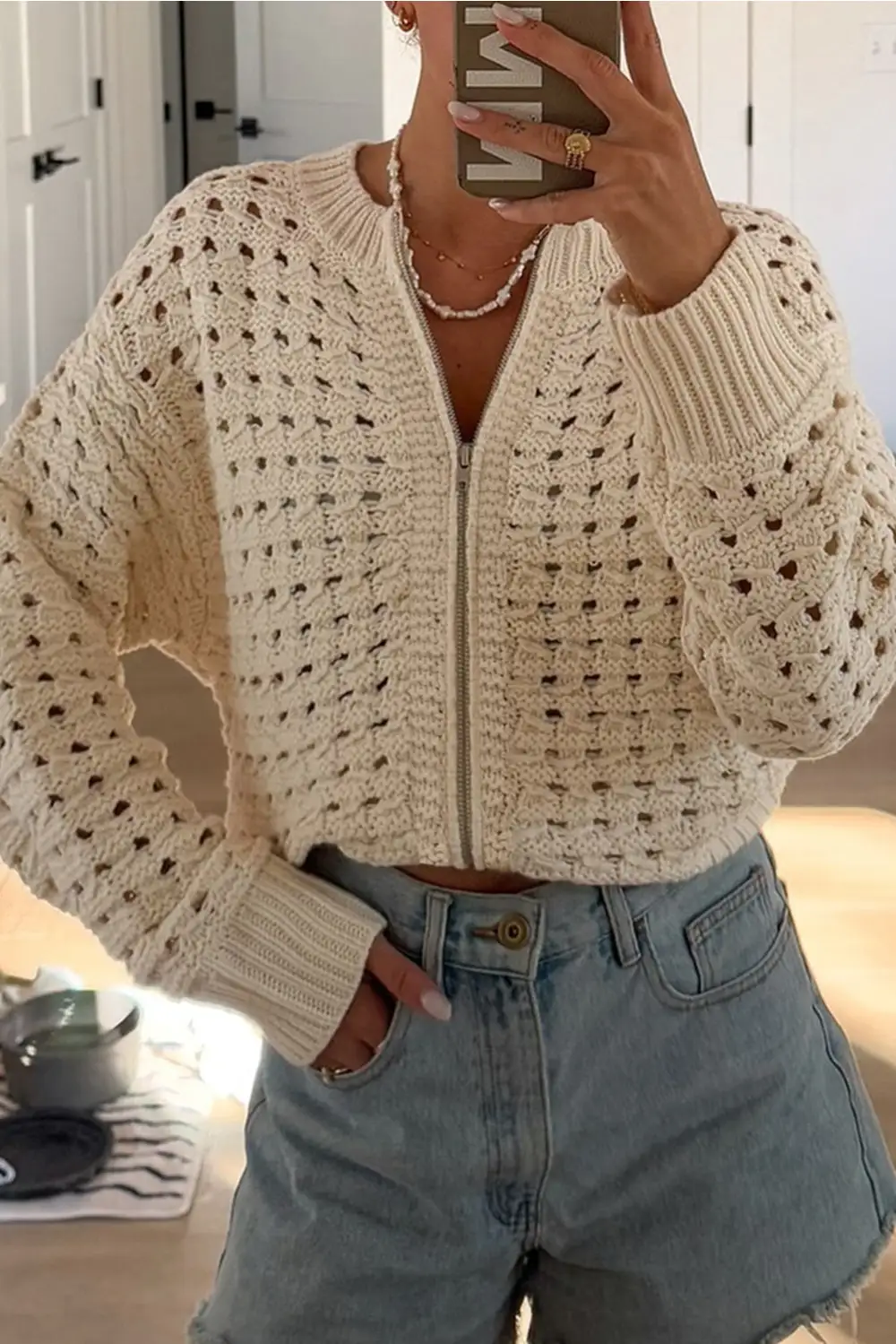 Openwork Pattern Knit Zip Up Drop Shoulder Cardigan
