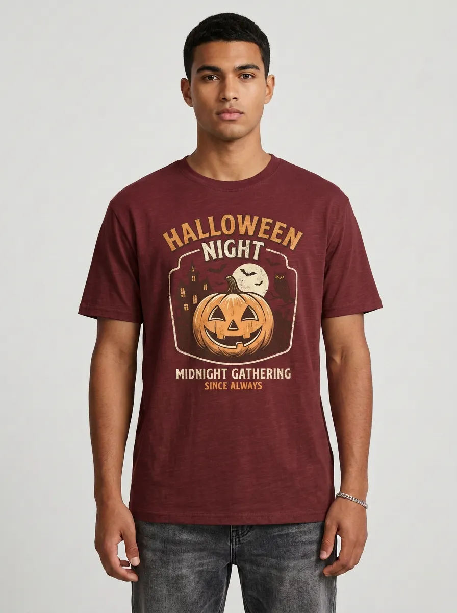 Men's Halloween Pumpkin Haunted House Owl Printed T-shirt