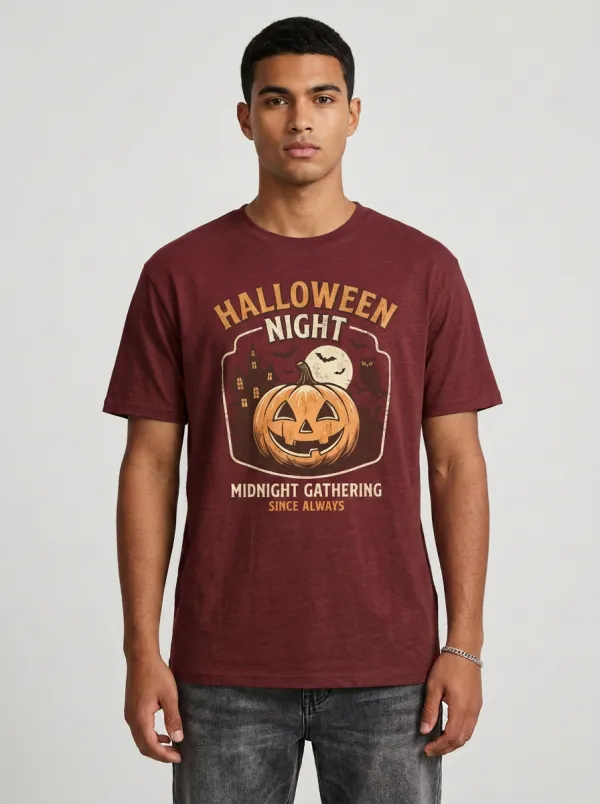 Men's Halloween Pumpkin Haunted House Owl Printed T-shirt