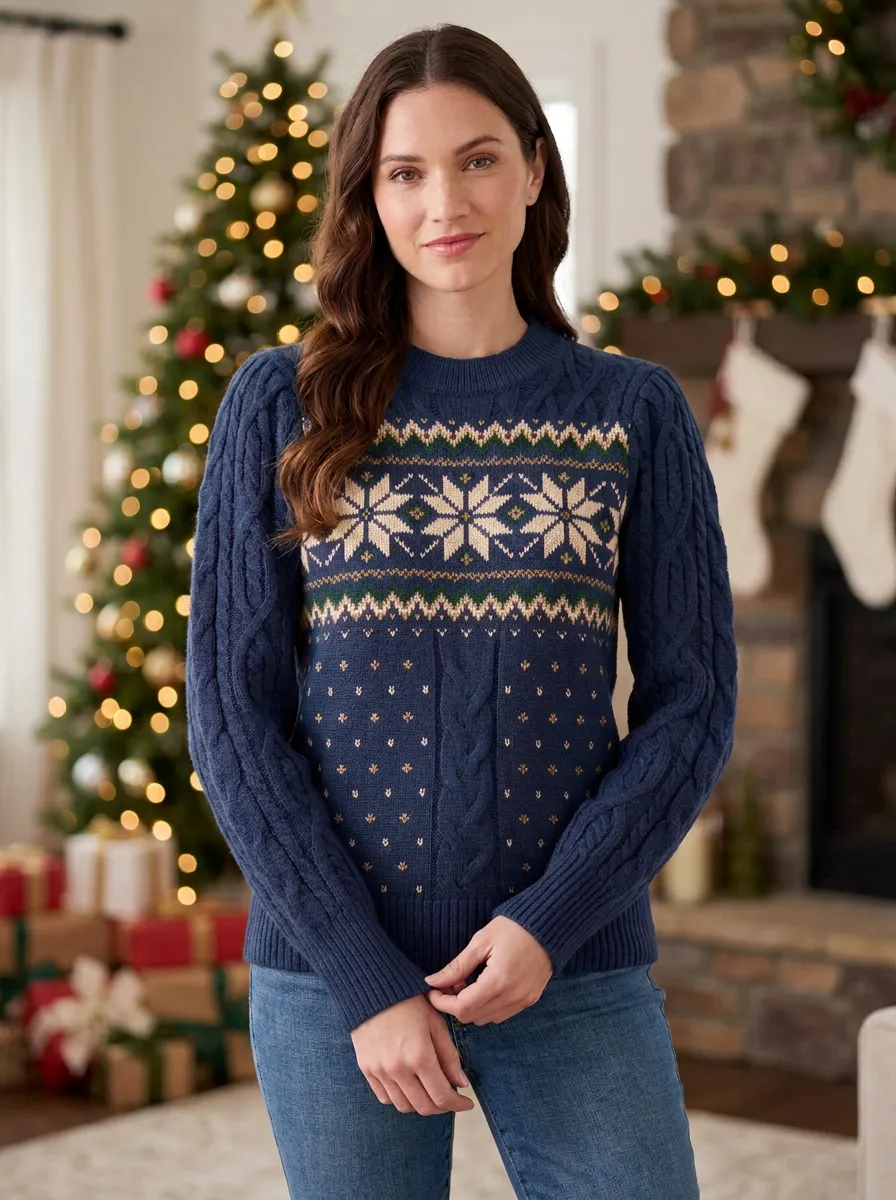 Christmas Holiday Snowflake Fair Isle Pattern Knit Sweater