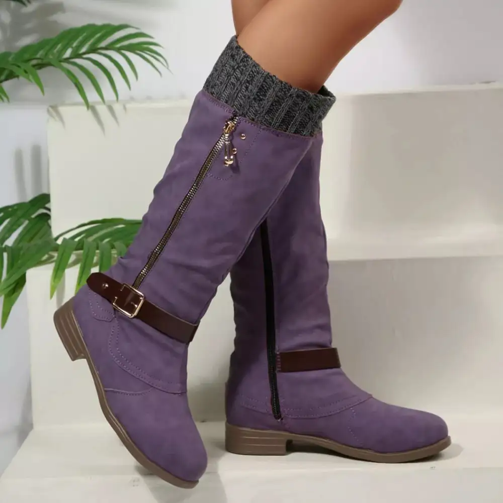 Ruffled Round Toe Block Heels Boots